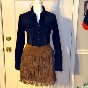 NWT: Scully short genuine leather fringe 3 tiered skirt.